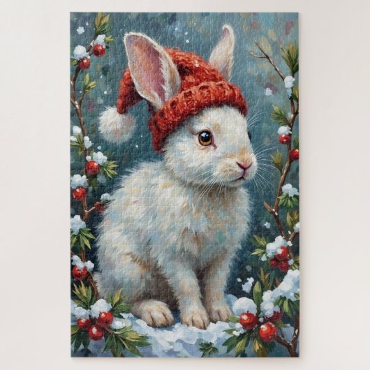 Witte Konijn in Stille Winterbessen Hoed Legpuzzel (Verticaal)