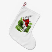 Witte konijn kijkt naar het horloge. Illustratie Grote Kerstsok (Voorkant (Hangend))