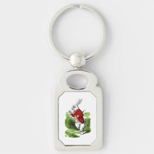 Witte konijn kijkt naar het horloge. Illustratie Sleutelhanger