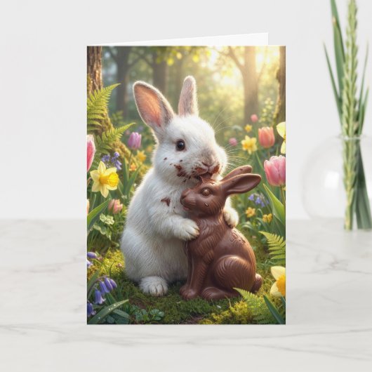 Witte konijn likt een chocolade paashaas kaart (Voorkant)