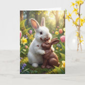 Witte konijn likt een chocolade paashaas kaart (Gele Bloem)