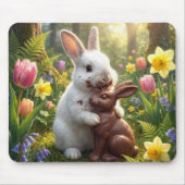 Witte konijn likt een chocolade paashaas muismat (Voorkant)