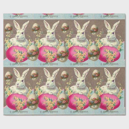 WITTE KONIJN MET EENVOUDIGERE EGG- EN SPRINGSTROME CADEAUPAPIER (Vlak)