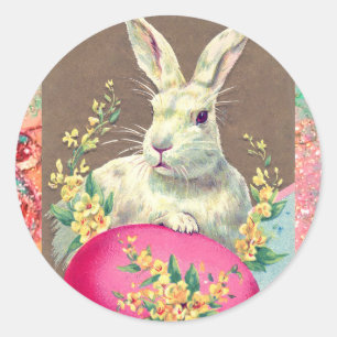 WITTE KONIJN MET EENVOUDIGERE EGG- EN SPRINGSTROME RONDE STICKER