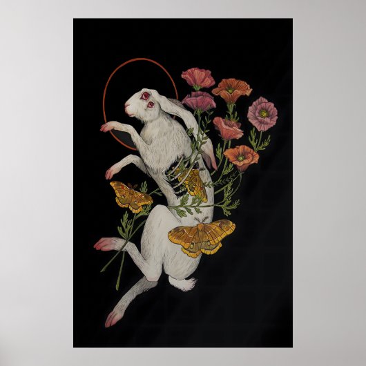 Witte Konijn met Klaprozen - Giclee Print van (Voorkant)