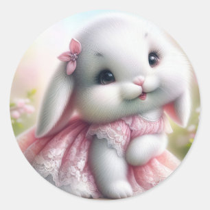Witte konijn met roze kantjurk ronde sticker