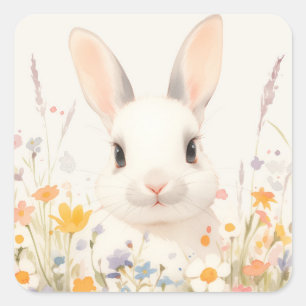 Witte Konijn met Roze Neus in Lente Wilde Bloemen Vierkante Sticker
