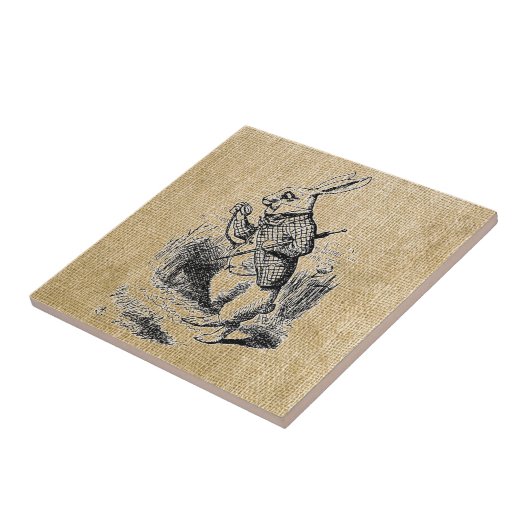 Witte konijn op Burlap Tegeltje (Zijkant)