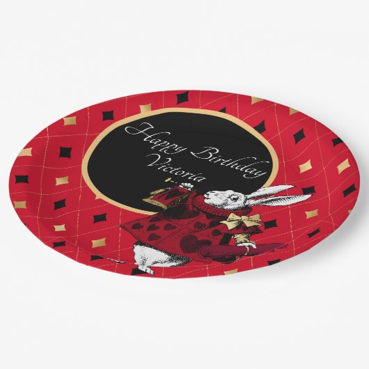 Witte Konijn op Rode Verjaardag Papieren Bordje (Gekanteld)