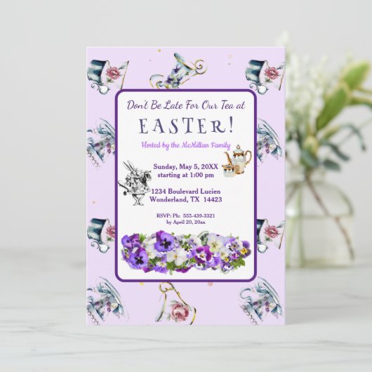 Witte Konijn Pasen Tea Party Uitnodiging (Staand voorkant)