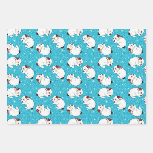 Witte konijn Slaapend op mousserende blauwe achter Inpakpapier Vel (Voorkant 3)