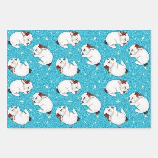 Witte konijn Slaapend op mousserende blauwe achter Inpakpapier Vel (Voorkant 2)