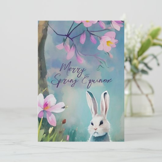Witte konijn Spring Equinox Ostara Wildbloemen Feestdagenkaart (Staand voorkant)