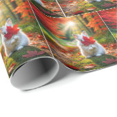 Witte konijn verstopt zich achter een rood esdoorn cadeaupapier (Rol Hoek)