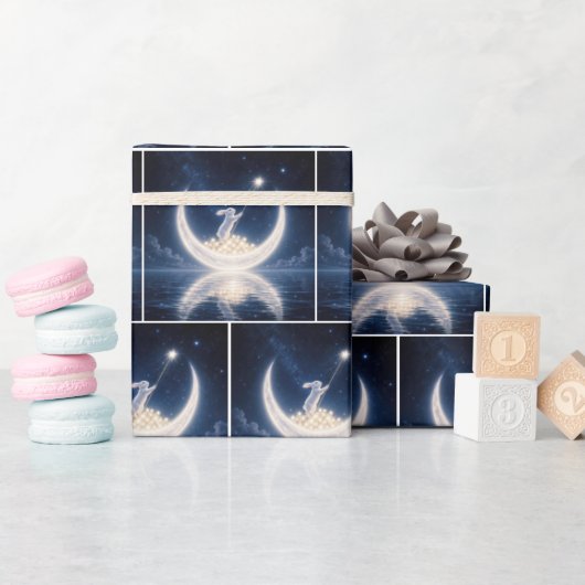 Witte Konijn Verzamelt Sterren Cadeaupapier (Baby Shower)