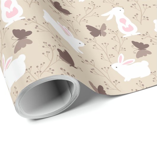 Witte Konijnen Bruine Vlinders Op Tan Cadeaupapier (Rol Hoek)