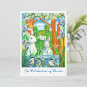 Witte konijnen Chickadee Vogels Paasbrunch Kaart (Staand voorkant)