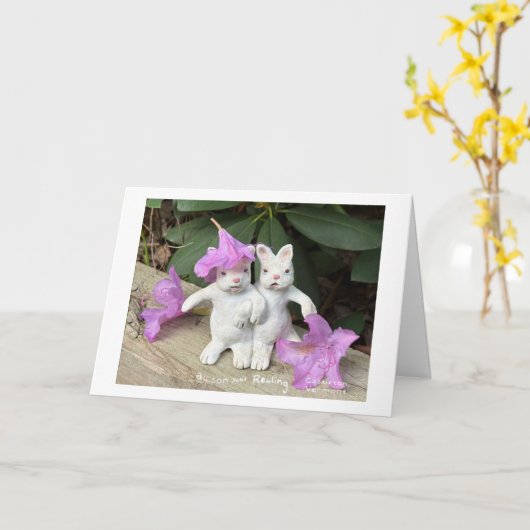 Witte konijnen met Rhododendrons Kaart (Gele Bloem)