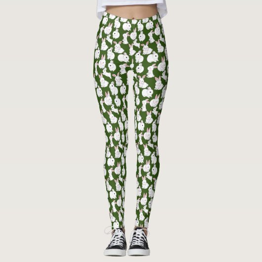 Witte konijnen patroon 01.bw Groene BG Leggings (Voorkant)