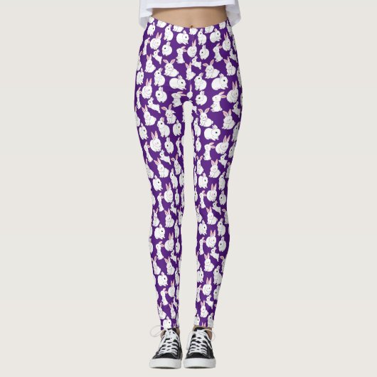 Witte konijnen patroon 01.bw Paars Leggings (Voorkant)