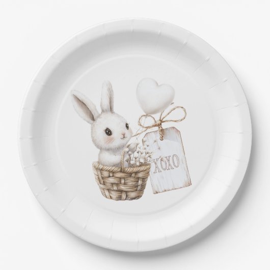 Witte konijnenharten in een mand Baby shower XOXO Papieren Bordje (Voorkant)