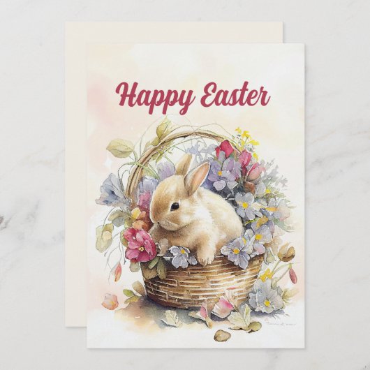 Witte Konijnenmand Bloemen Gelukkig Pasen Feestdagenkaart (Voorkant / Achterkant)