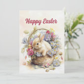 Witte Konijnenmand Bloemen Gelukkig Pasen Feestdagenkaart (Staand voorkant)