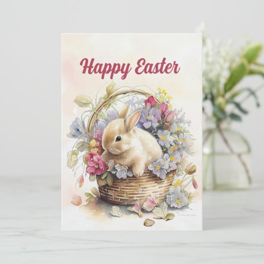 Witte Konijnenmand Bloemen Gelukkig Pasen Feestdagenkaart (Staand voorkant)