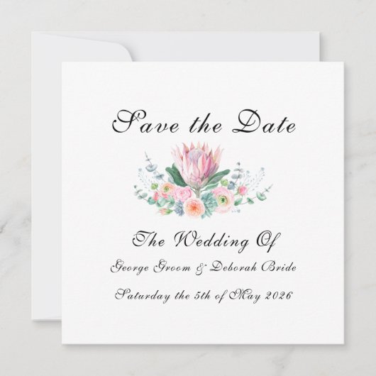 Witte Koning Protea Aquarel Bloemstuk Klassieker Save The Date (Voorkant)