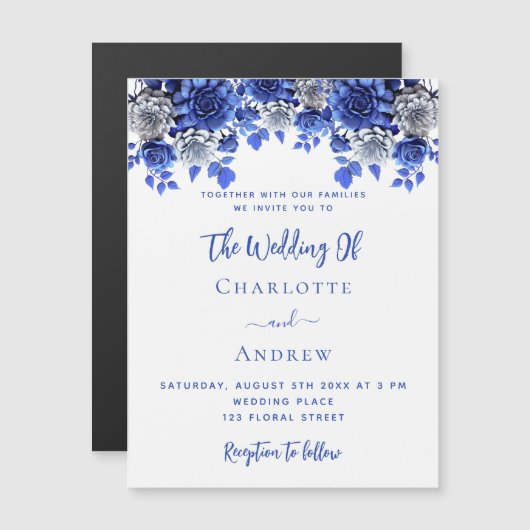 Witte koningsblauwe bloemen luxe bruiloft magnetische uitnodiging (Voorkant / Achterkant)