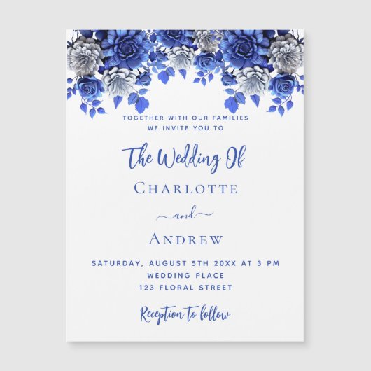 Witte koningsblauwe bloemen luxe bruiloft magnetische uitnodiging (Voorkant)