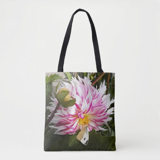 Witte Kool Vlinder op Roze Dahlia Floral Tote Bag (Voorkant)