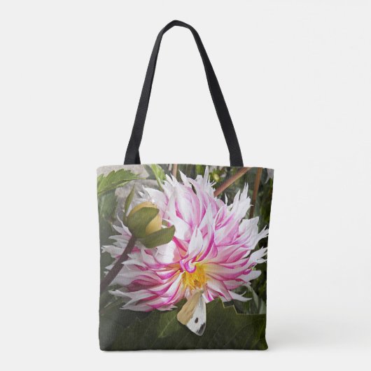Witte Kool Vlinder op Roze Dahlia Floral Tote Bag (Achterkant)