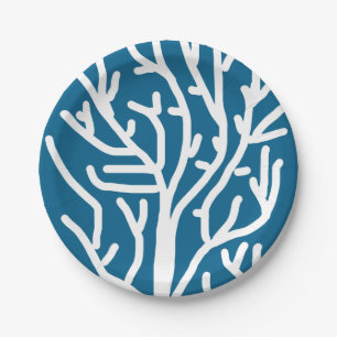 Witte koraal op blauw aquatisch leven papieren bordje