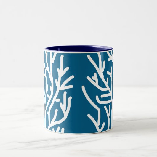 Witte koraal op blauw aquatisch leven tweekleurige koffiemok (Center)
