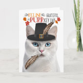 Witte Korthaar Kat Dankbaar voor PURRkey Day Feestdagen Kaart (Voorkant)