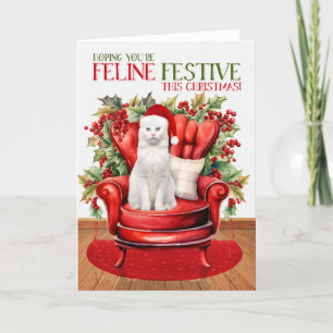 Witte Korthaar Kerstmis Kat FELINE Feestelijk Feestdagen Kaart