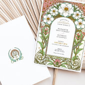 Witte Kosmos & Roze Bloesems Art Nouveau Huwelijk Kaart