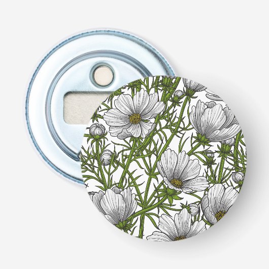 Witte kosmosbloemen button flesopener (Voorkant)