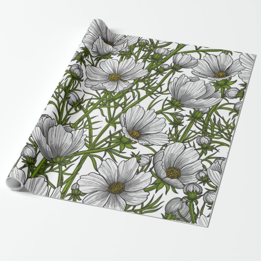 Witte kosmosbloemen cadeaupapier (Uitgerold)