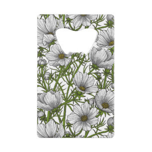 Witte kosmosbloemen creditkaart flessenopener