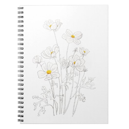 witte kosmosbloemen inkt en waterverf notitieboek (Voorkant)