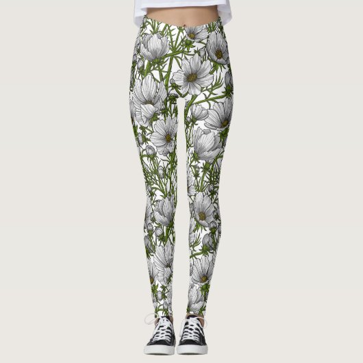 Witte kosmosbloemen leggings (Voorkant)
