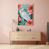 Witte kraan in bloeiende bloemen Natuur geïnspiree Poster