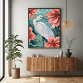 Witte kraan in bloeiende bloemen Natuur geïnspiree Poster