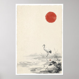 Witte Kraanvogel Onder Rode Zon Poster Japanse I
