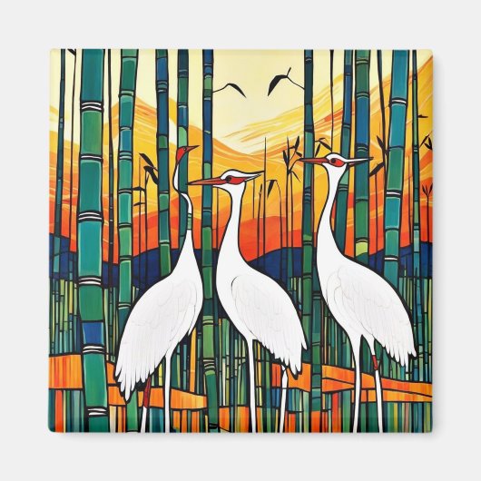 Witte Kraanvogels in Bamboebos Magneet (Voorkant)