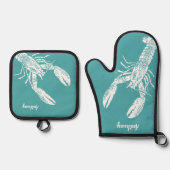 Witte kreeft op Blauwgroen gepersonaliseerd Ovenwant & Pannenlap Set (Voorkant)