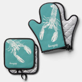 Witte kreeft op Blauwgroen gepersonaliseerd Ovenwant & Pannenlap Set (Voorkant / Achterkant)