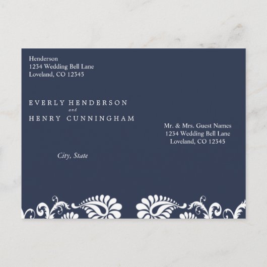 Witte  kreet op dieprijke periwinkle aankondigingskaart (Achterkant)